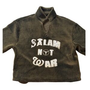 Salam Not War Sherpa Fleece Pullover Olive Green Streetwear Graphic Sweatshirt L